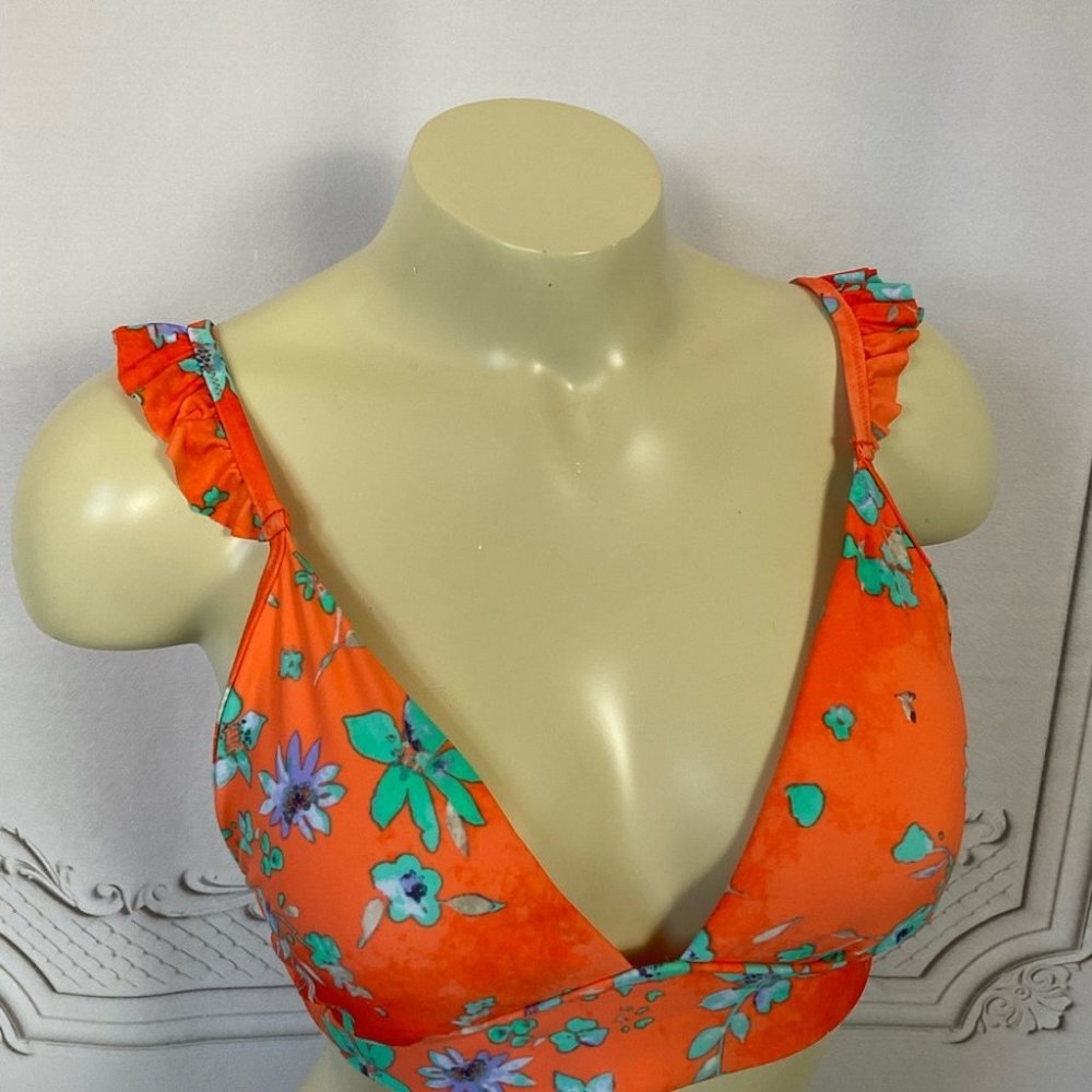 🎖HP🎖 SO Orange Floral Ruffled Midkini Swimsuit Top Juniors Large 11-13 New - Picture 2 of 4